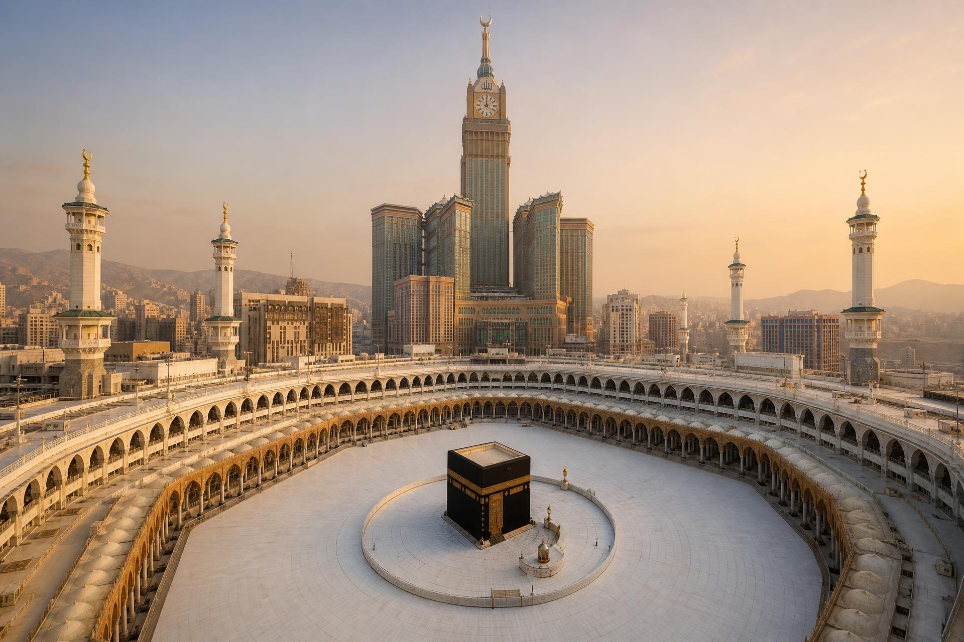 Masjid al-Haram in Makkah at dawn, a symbol of hijrah to the Muslim lands of the Gulf